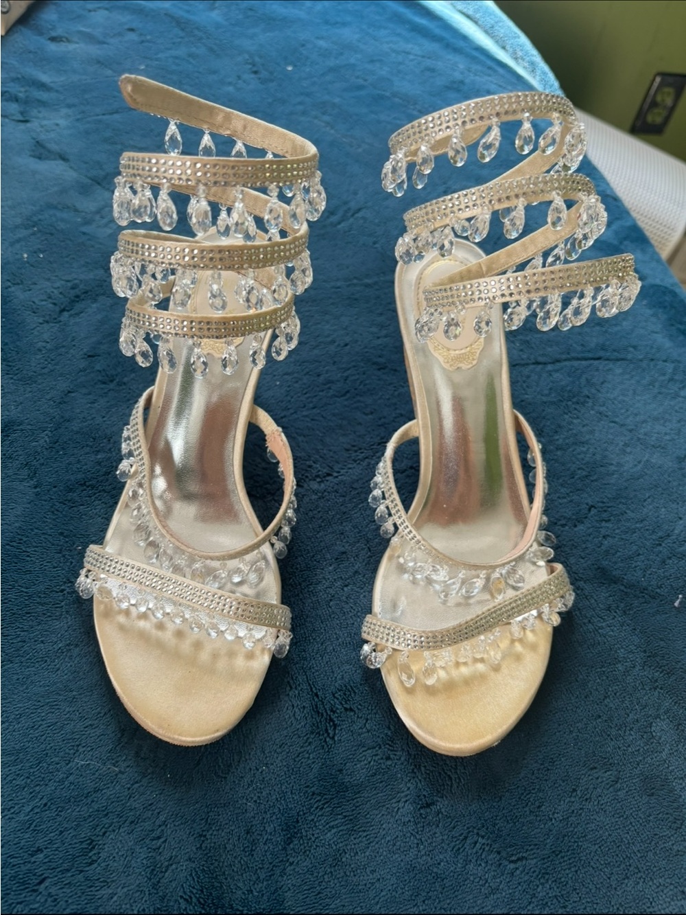 Crystal-Embellished Gold Women's Heeled Sandals